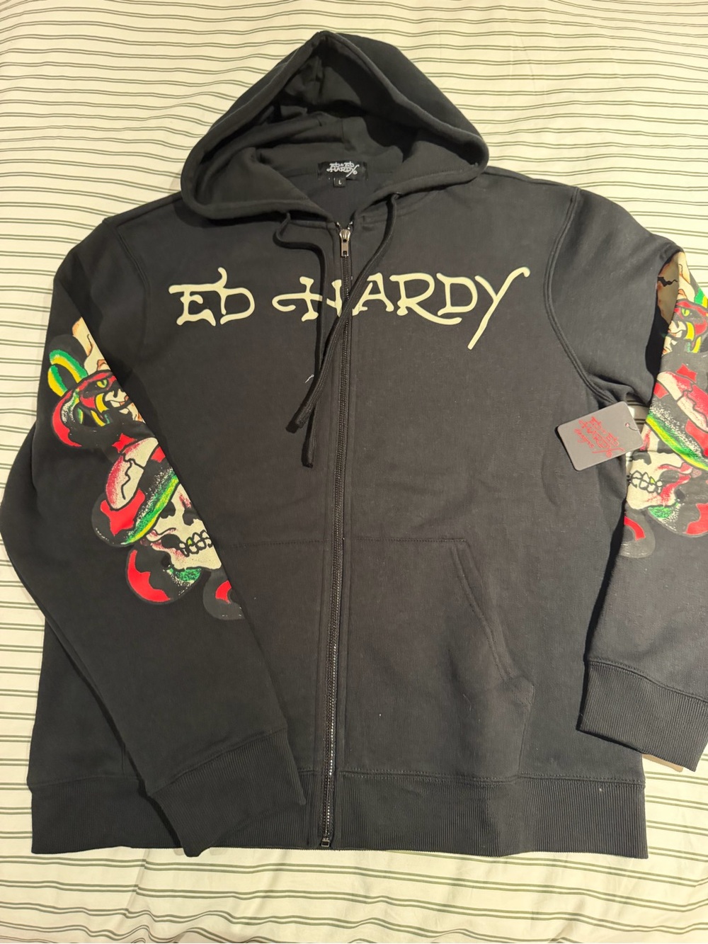Ed Hardy Black Zip-Up Hoodie with Colorful Skull Sleeve Graphics